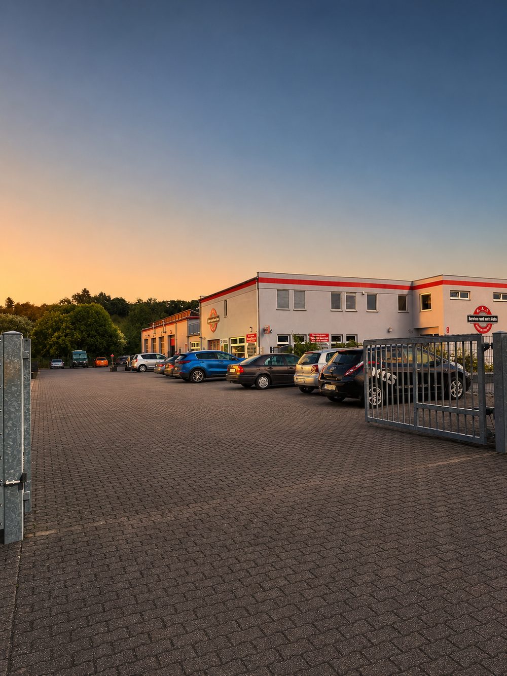 Betriebsgelände der Konzer-Auto-Teile GmbH in der Abendsonne mit Kundenparkplatz