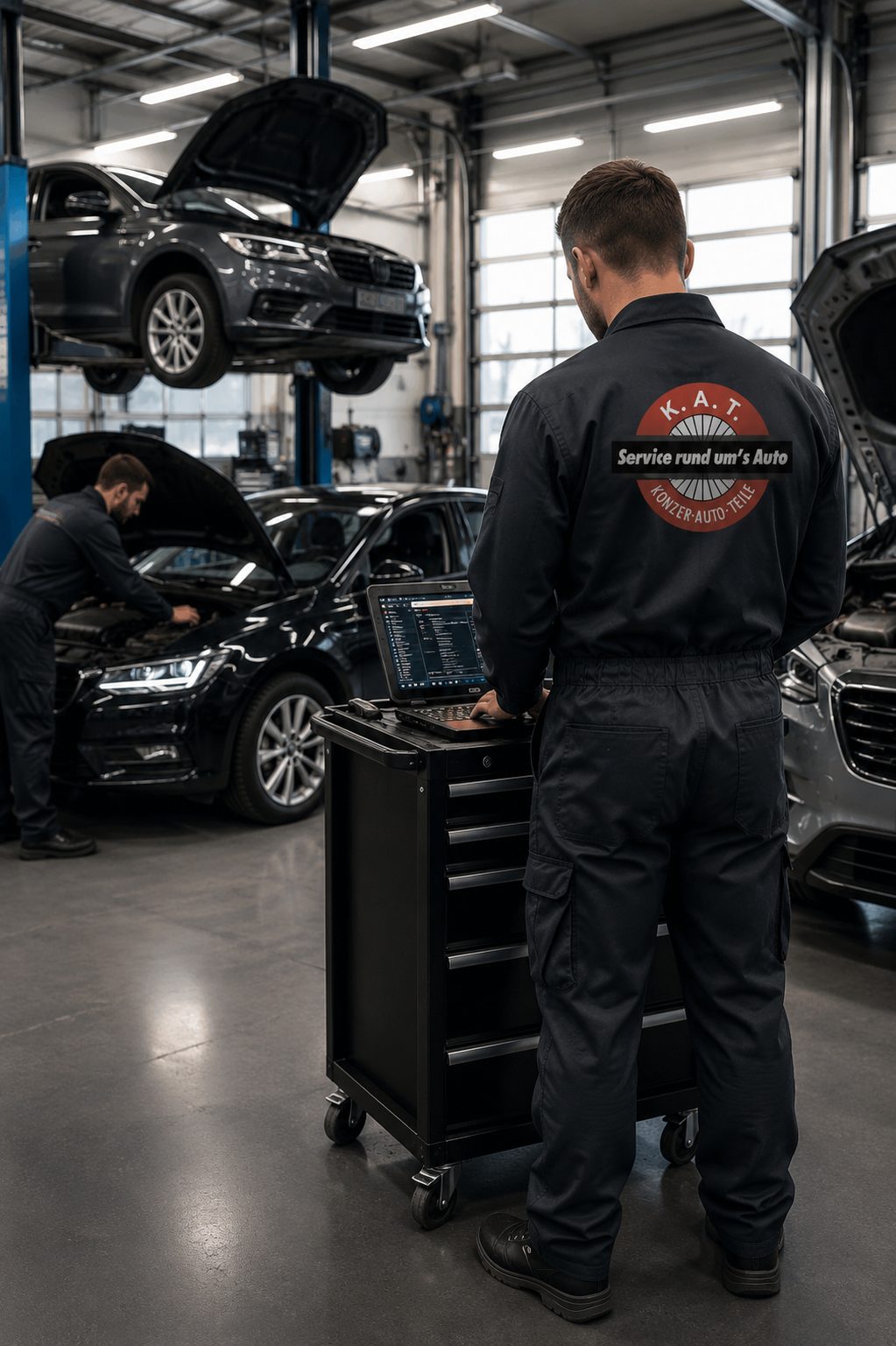 Mitarbeiter der Konzer-Auto-Teile GmbH bei der Diagnose an einem Fahrzeug in der Werkstatt