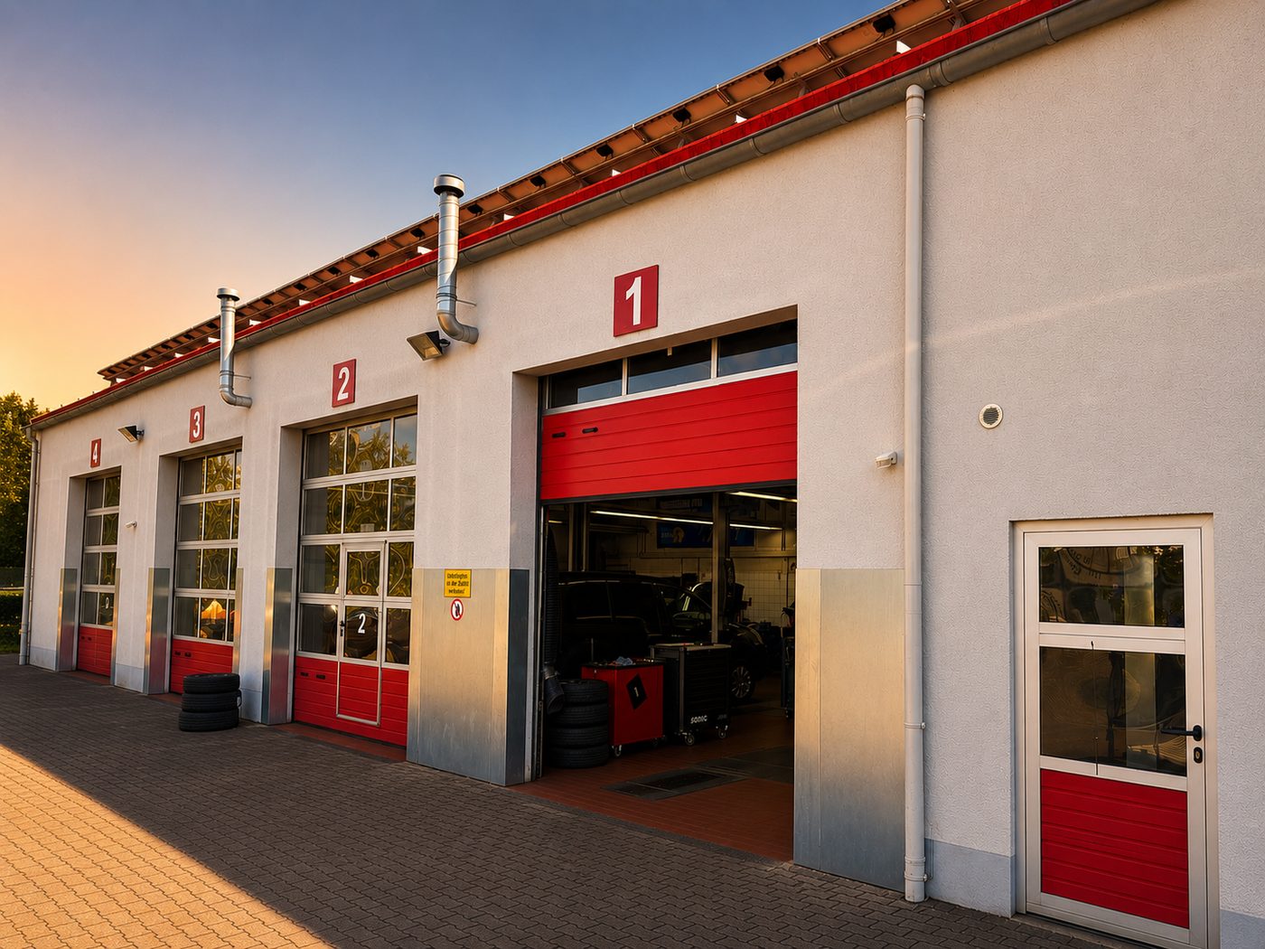 Werkstatt der Konzer-Auto-Teile GmbH mit vier nummerierten Arbeitsboxen und geöffnetem Tor